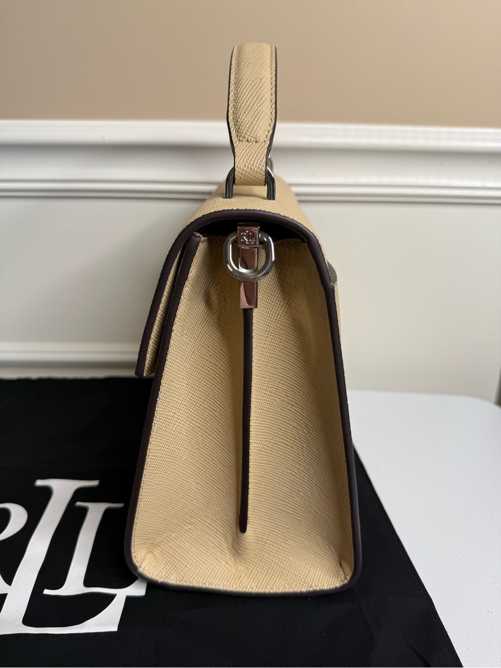 Ralph Lauren Beige Top-Handle Leather Satchel with RL Monogram - Picture 9 of 13